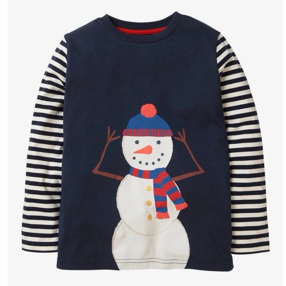 Mini Boden Boys Blue Snowman Stripe Long Sleeve Top 11/12